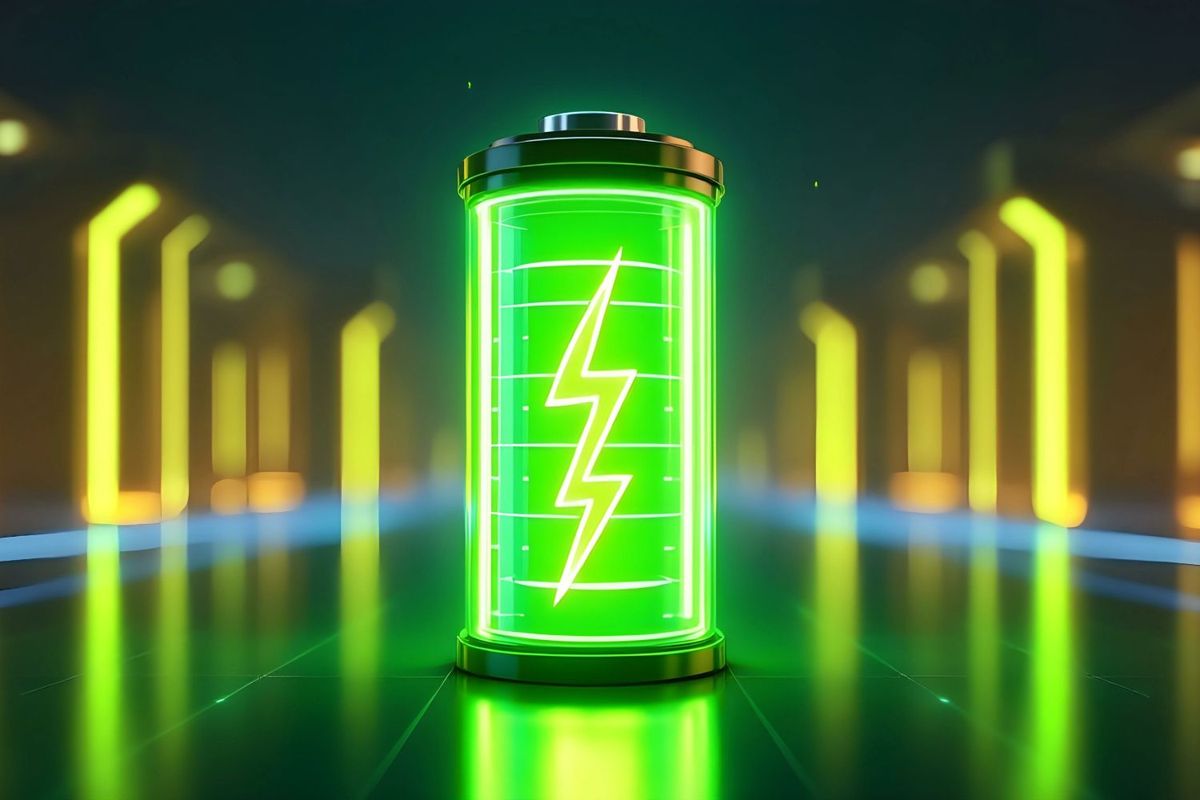 Lithium-ion battery glowing green. 