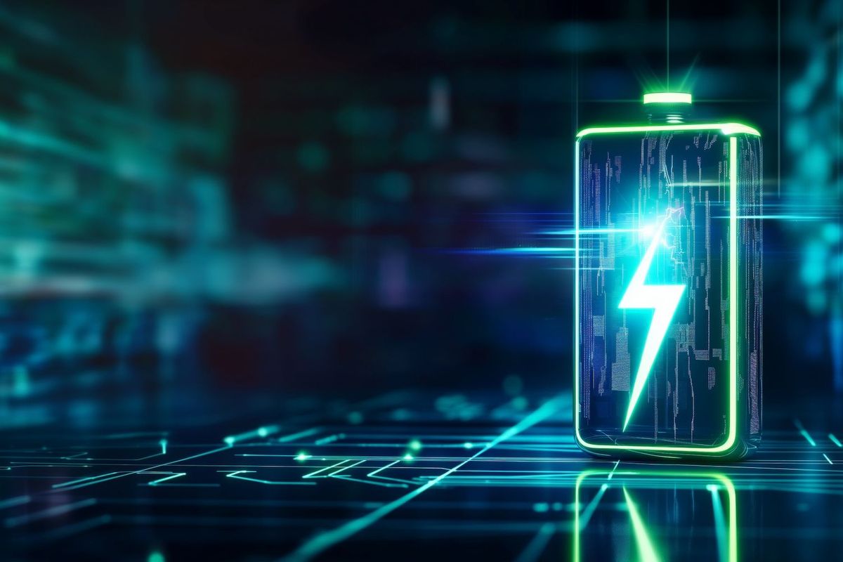 Lithium-ion battery with lightning bolt on it.