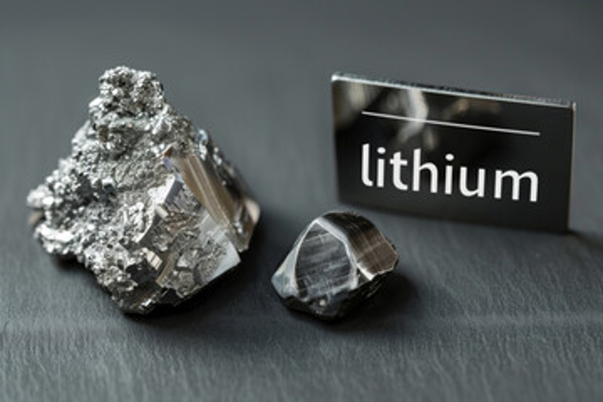 Lithium metal chunks and a label on a gray surface.