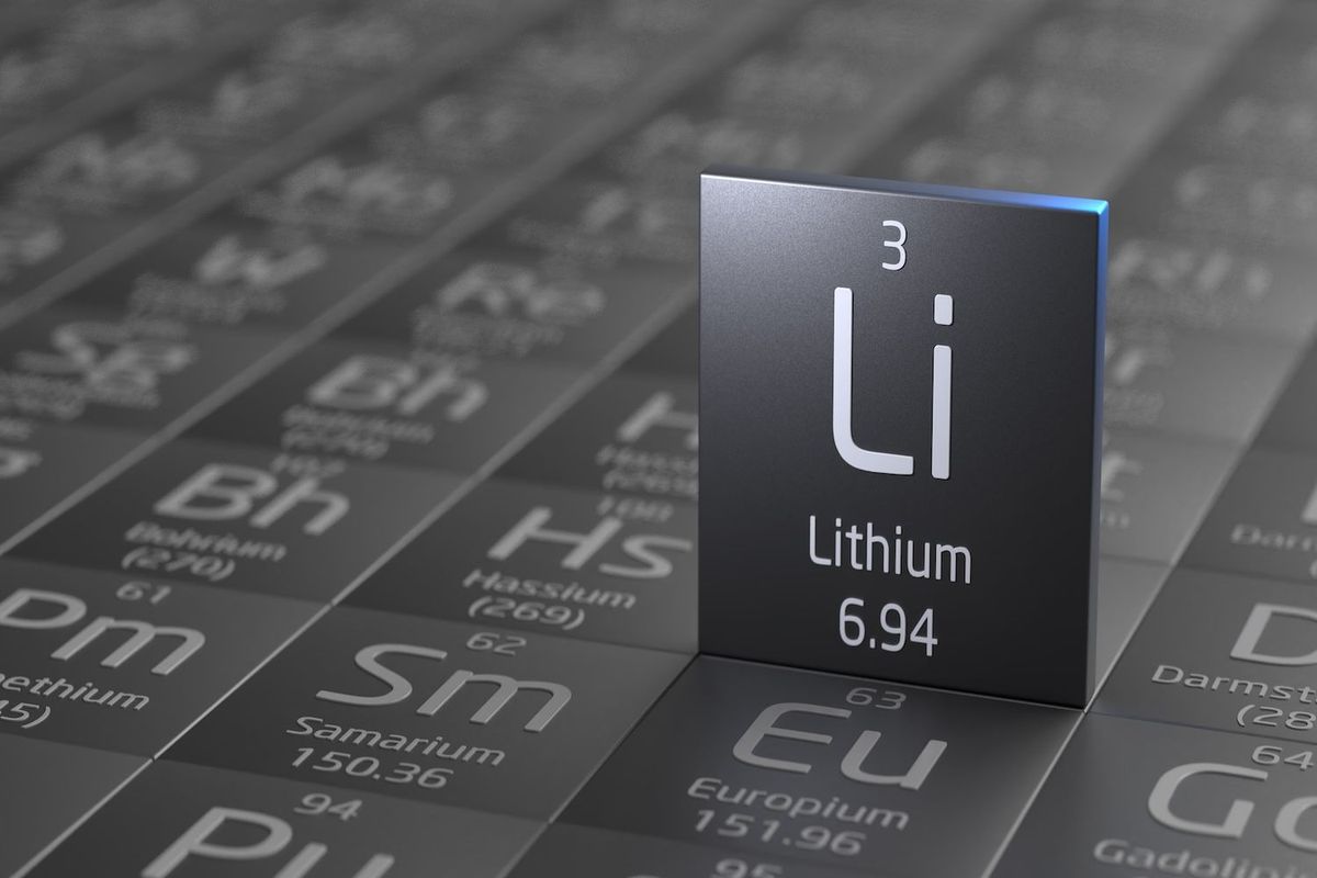 Lithium periodic symbol highlighted on periodic table.
