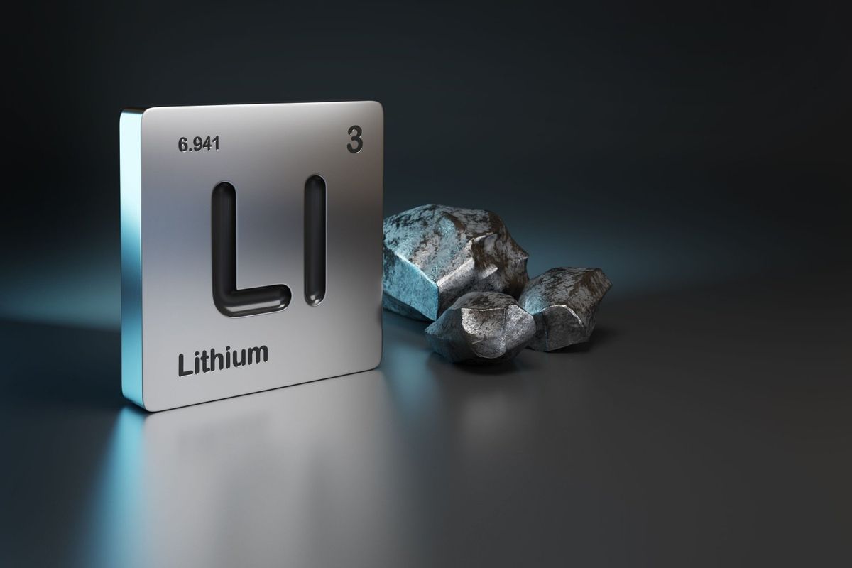 Lithium periodic symbol standing upright next to lithium metal.