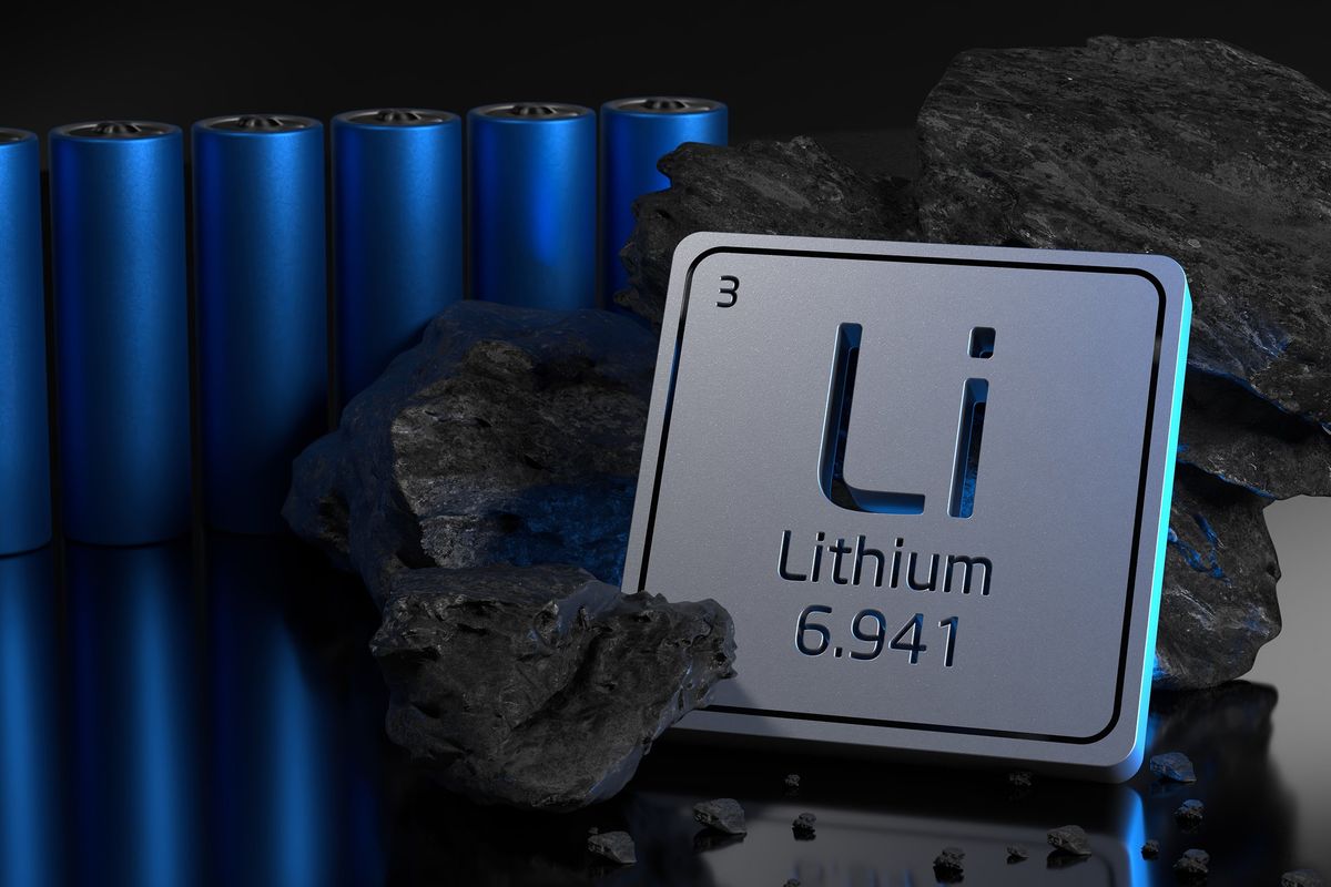 Lithium periodic table symbol, leaning against lithium ores and blue batteries.