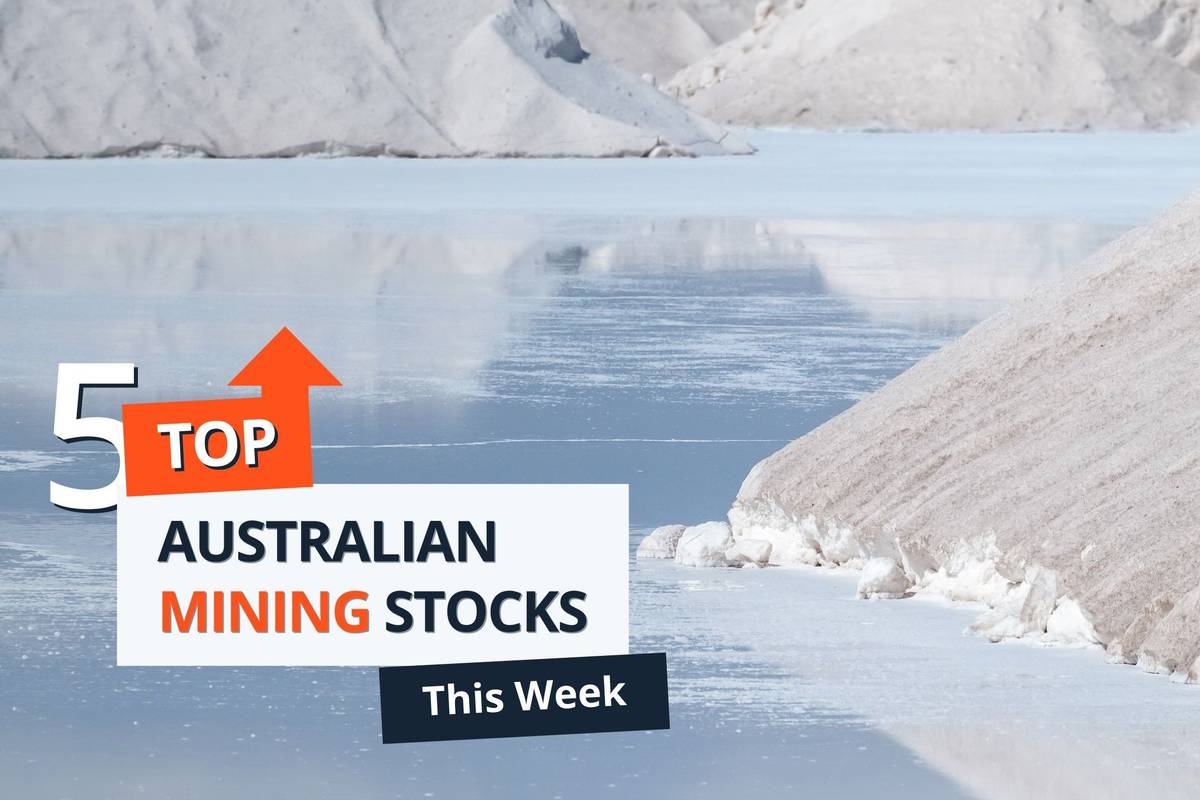 Lithium salt flats with text overlay: "5 Top Australian Mining Stocks This Week."