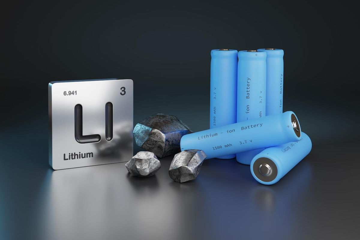Lithium sign with batteries and rocks on a dark background.