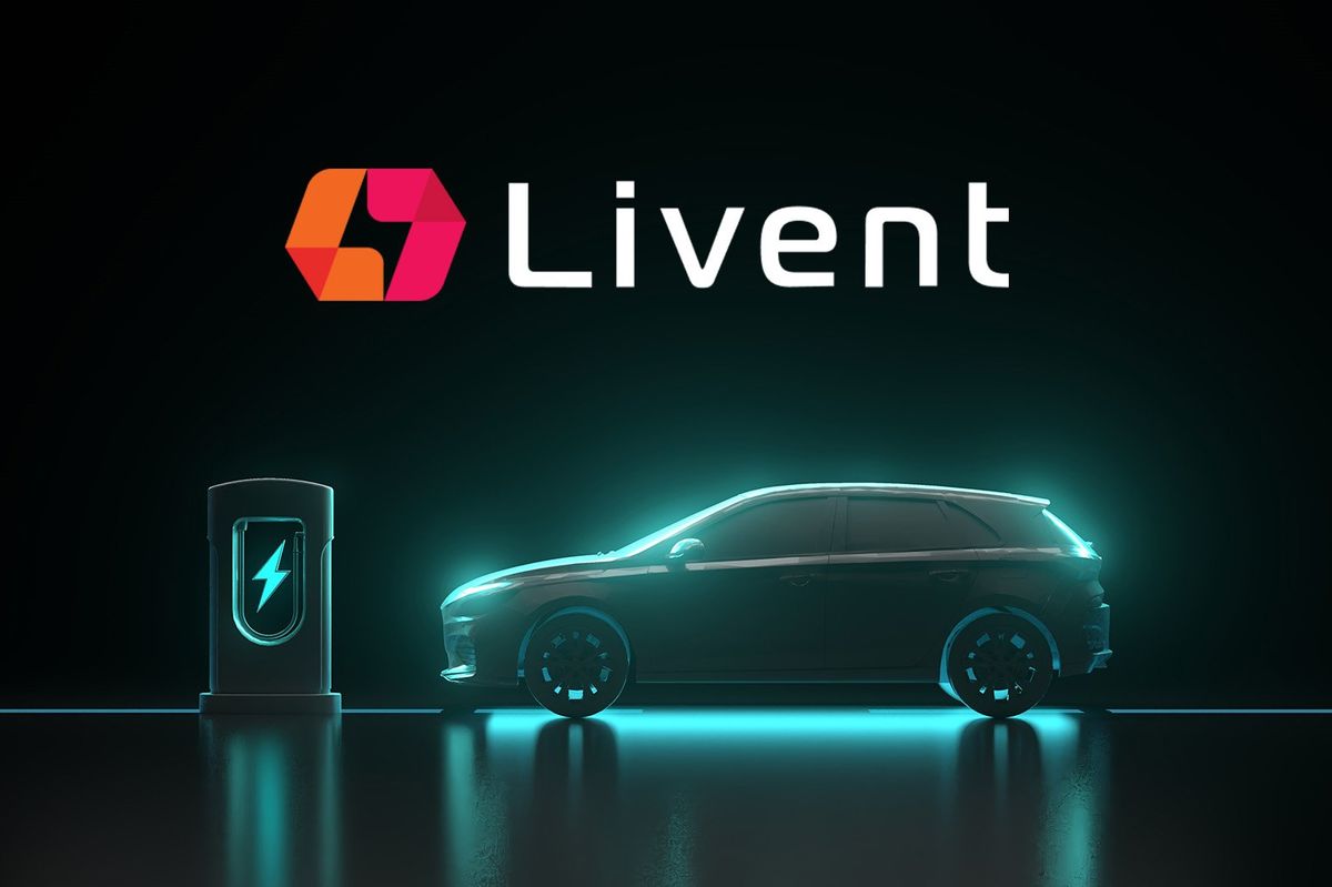 Livent logo, EV car and charging station.