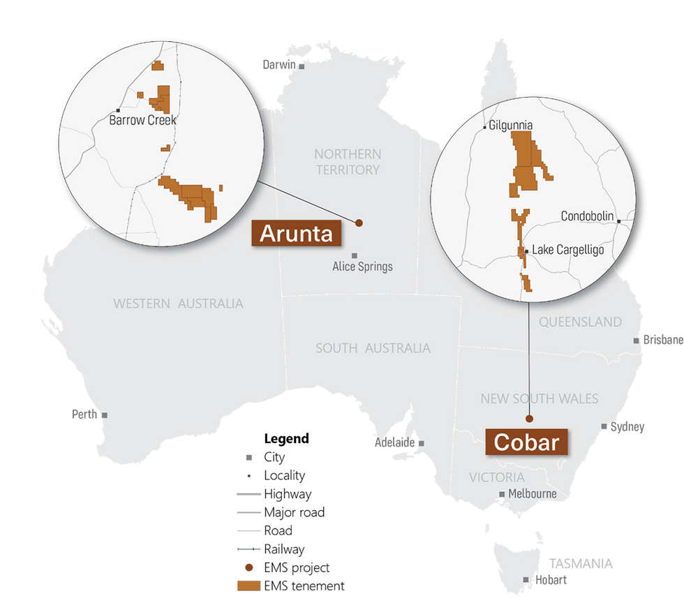 Location of Eastern Metals' Arunta and Cobar projects