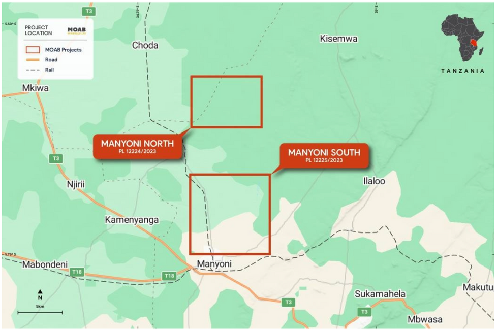 Location of Moab Minerals' Manyoni Tenements