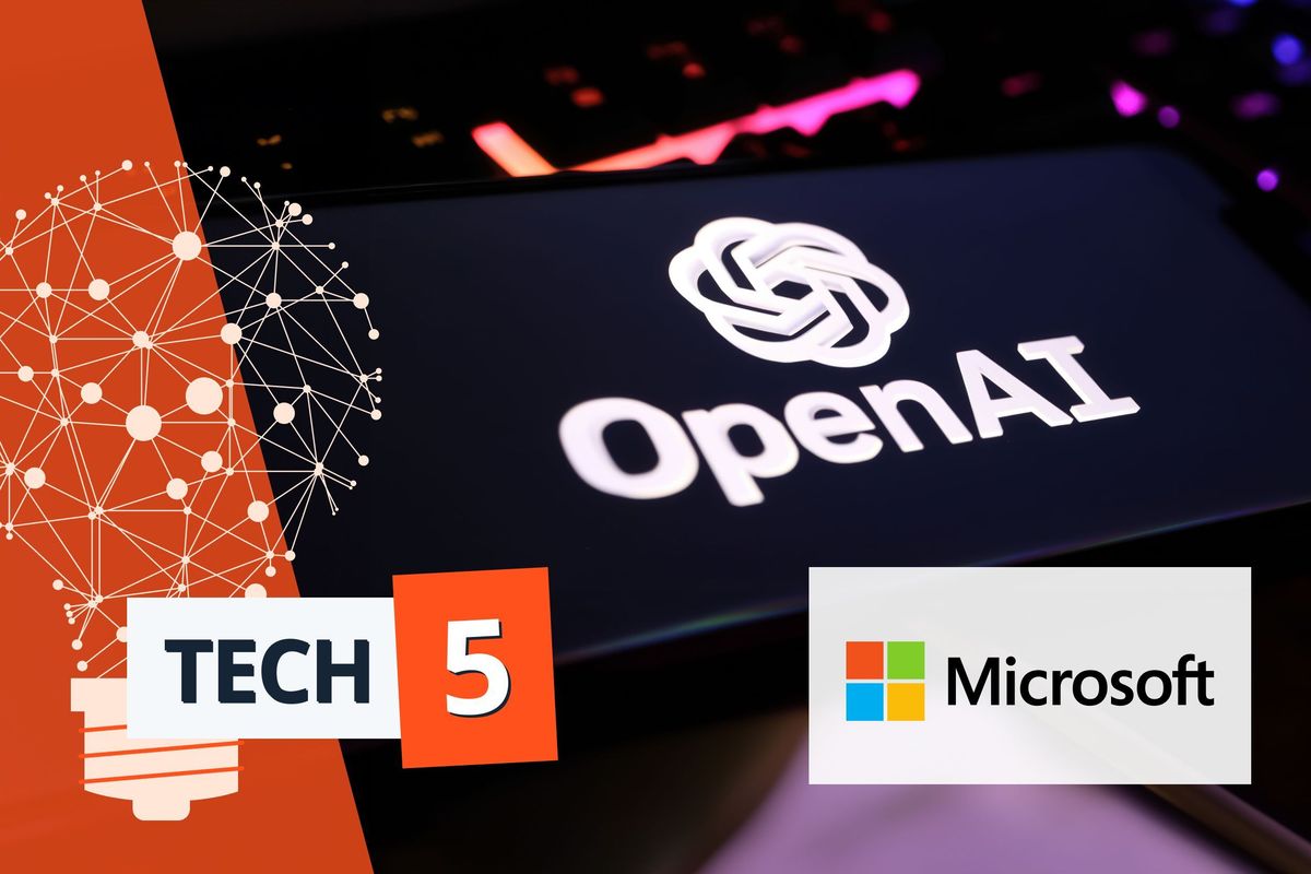 Logos of OpenAI and Microsoft with "Tech 5" on an abstract tech-themed background.