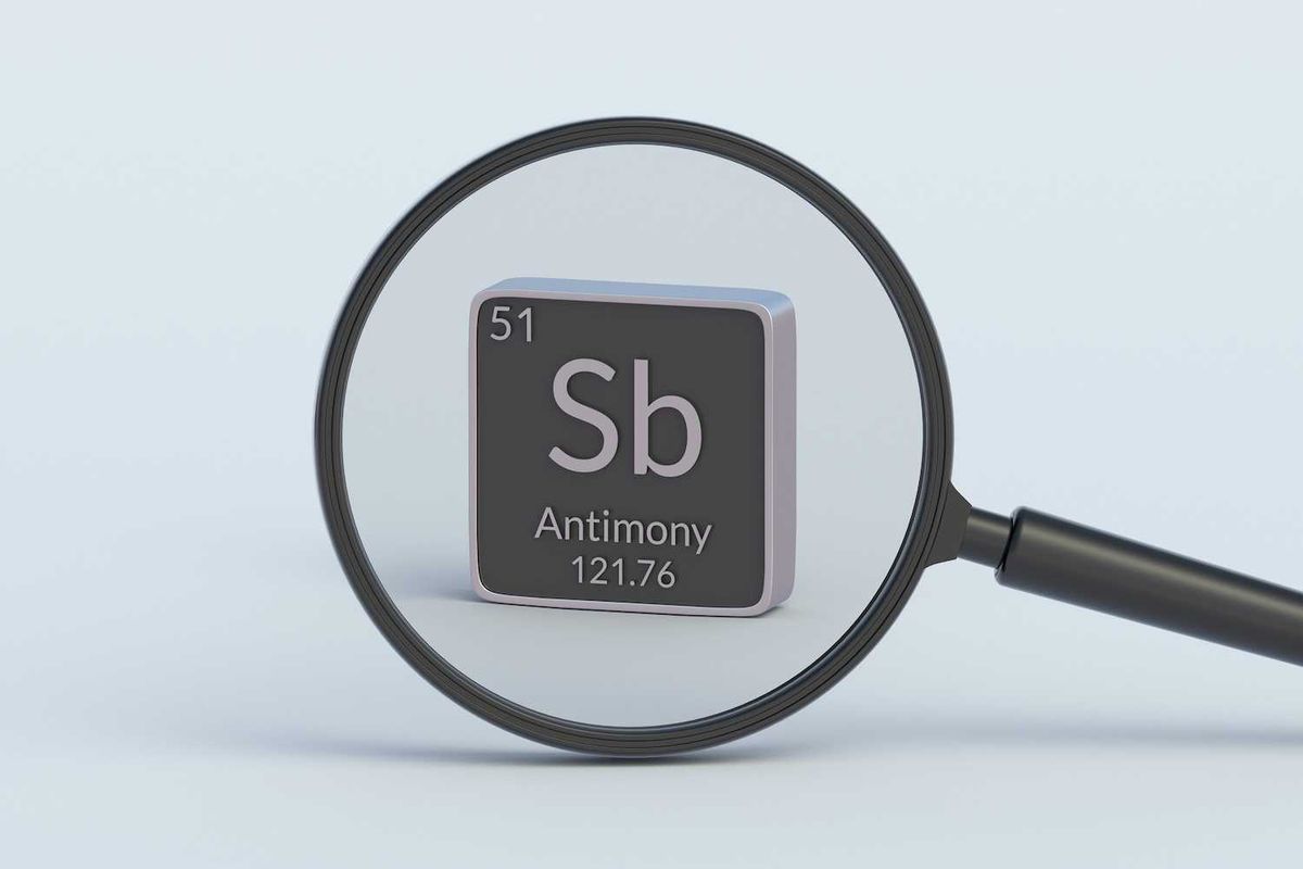 Magnifying glass focusing on antimony element symbol "Sb" in periodic table.