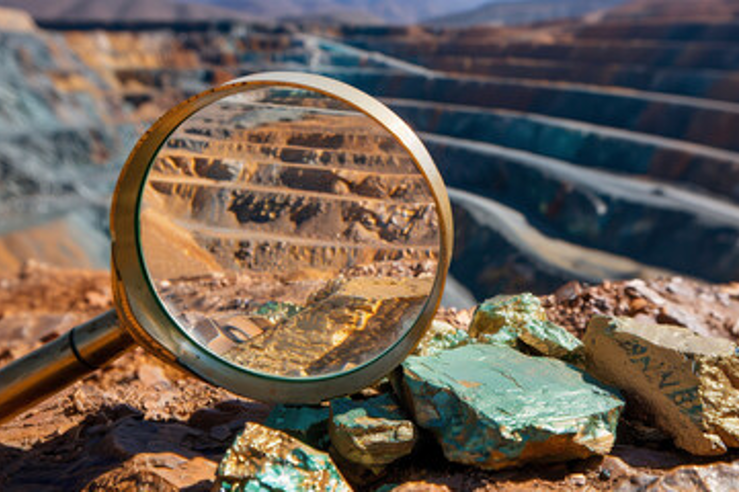 Magnifying glass over turquoise rocks at a large open-pit mine.