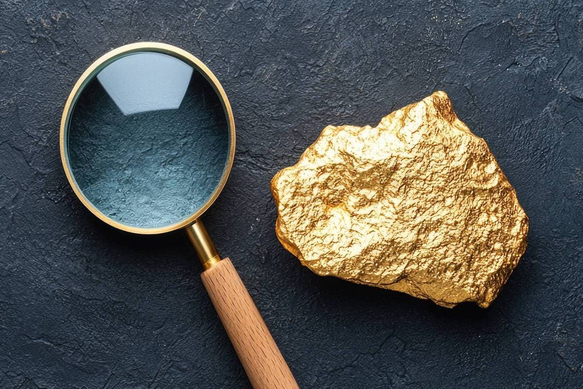 Magnifying glass with wooden handle lies next to gold-colored rock on a textured black surface.