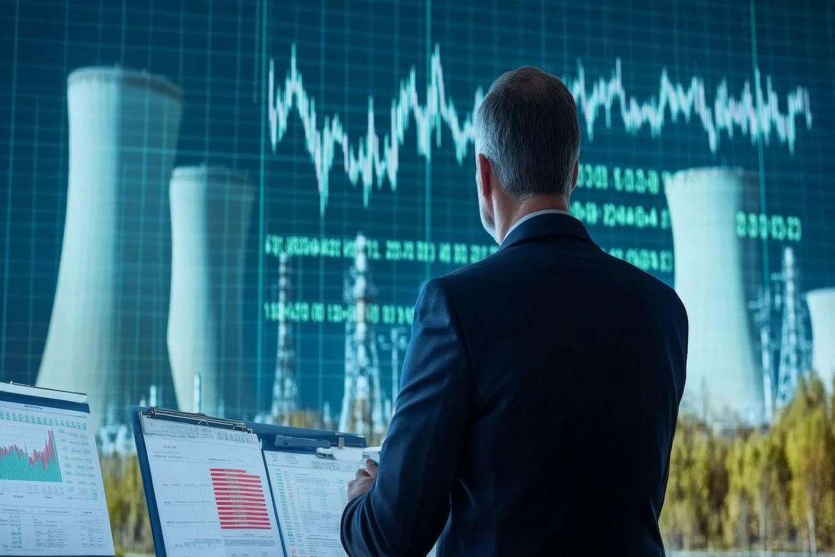 Man analyzes charts on screens with power plant cooling towers in the background.