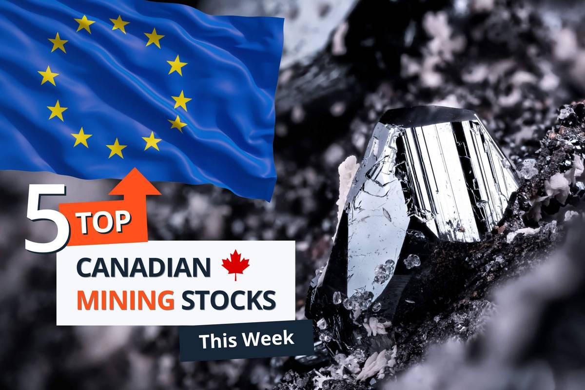 Manganese and hematite with EU flag and text that says "5 Top Canadian Mining Stocks This Week."
