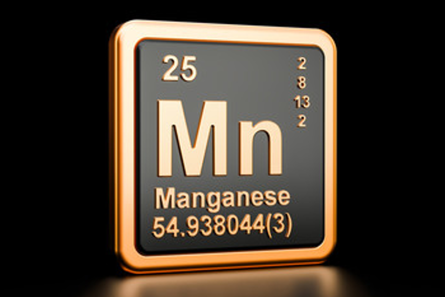 Manganese periodic symbol, black and gold design.