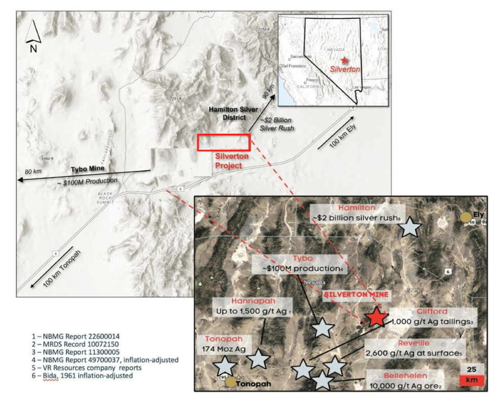 Map depicting Silver Hammer Mining's Silverton Project area with labels for various mines and historical silver production sites.