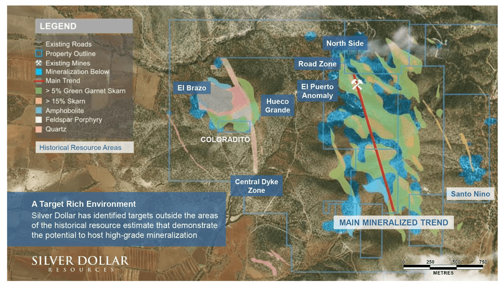 Map featuring text: Silver Dollar Resources, and a legend with various geological indicators.