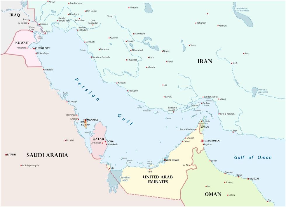 Map highlighting countries around the Persian Gulf, including Iran, Qatar, Saudi Arabia, and others.