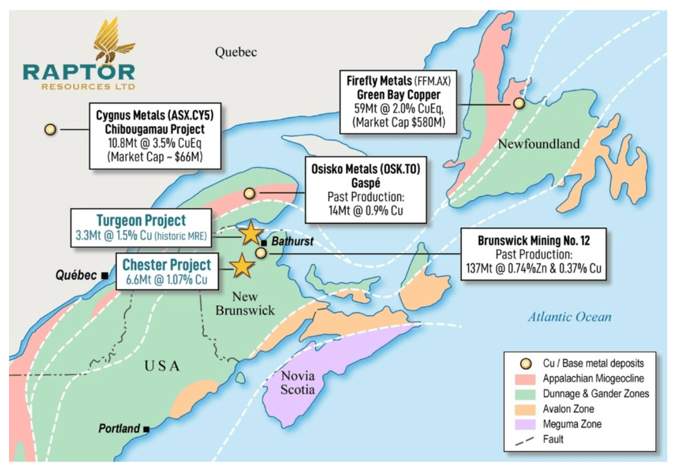 Map highlighting mining projects in Eastern Canada including Raptor Metals' Chester and Turgeon projects