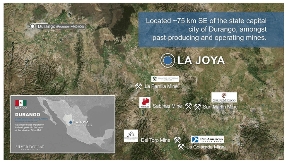 Map highlighting Silver Dollar Resources' La Joya near Durango, Mexico, surrounded by various mining sites.