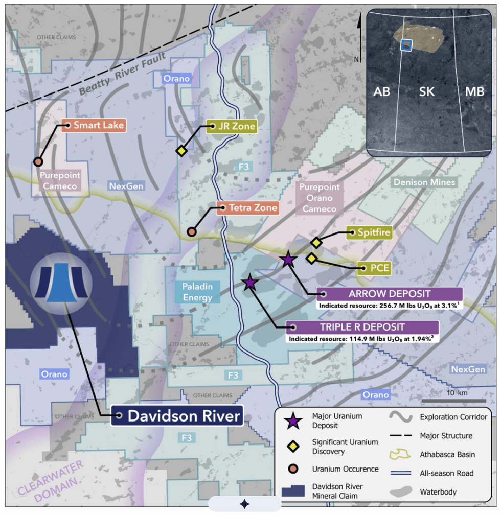 Map highlighting uranium deposits and highlighting Standard Uranium's Davidson River Project