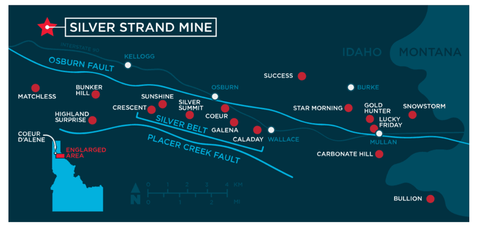 Map illustrates fault lines and Silver Hammer Mining's Silver Strand Mine.