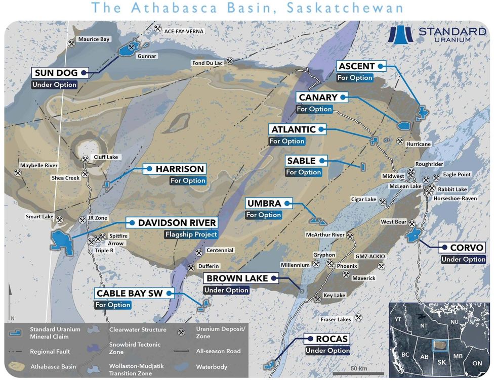 Map of Athabasca Basin, Saskatchewan, showing Standard Uranium uranium projects.