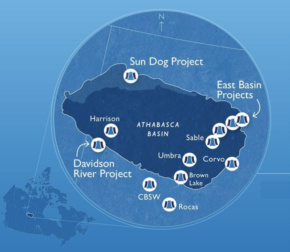 Map of Athabasca Basin with Standard Uranium's Sun Dog Project, East Basin Projects, Davidson River Project.