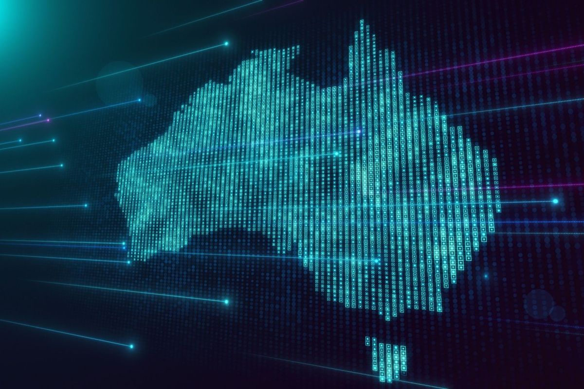 Map of Australia drawn in tech code with streaking lights.