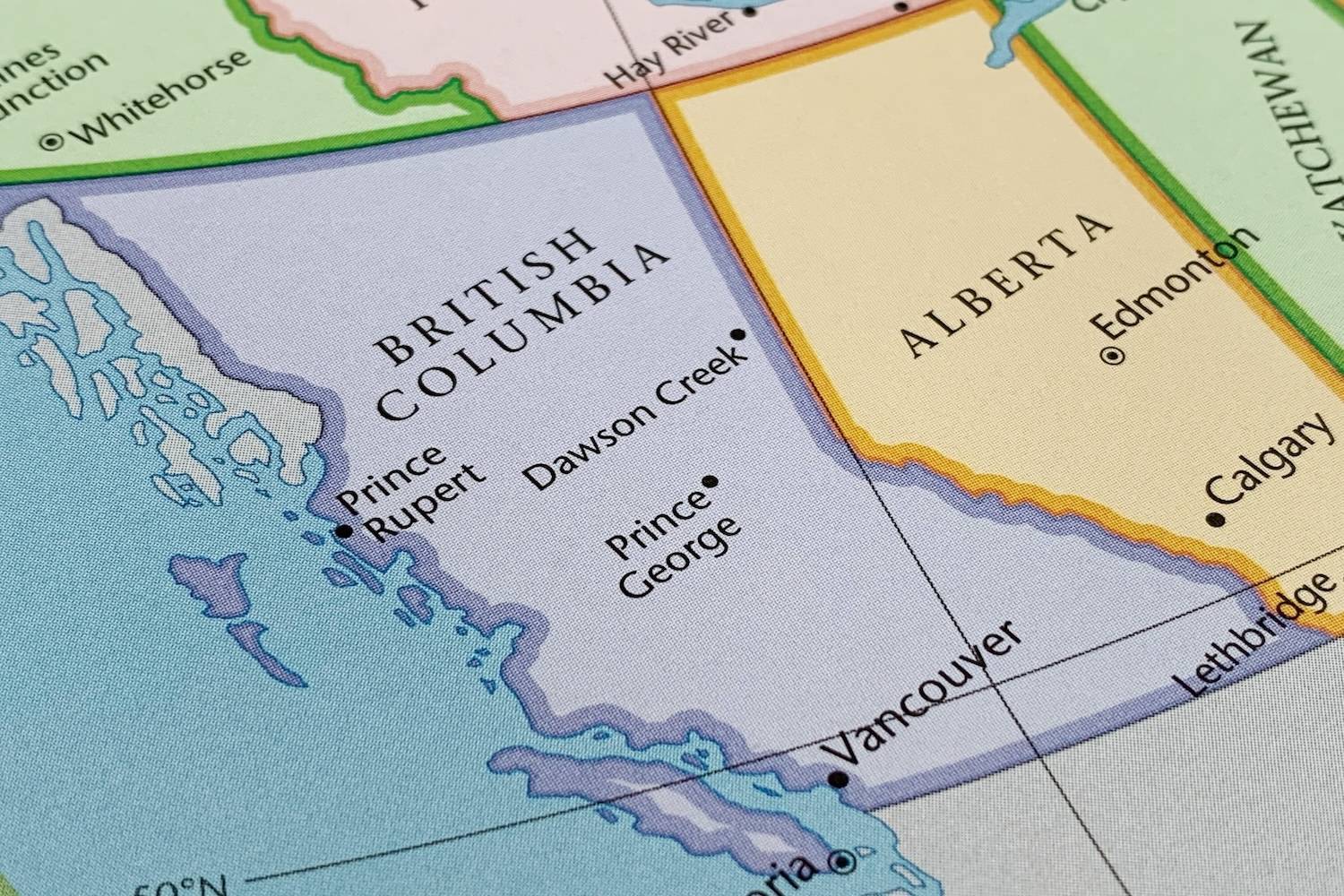 Map of BC and Alberta with major cities marked.