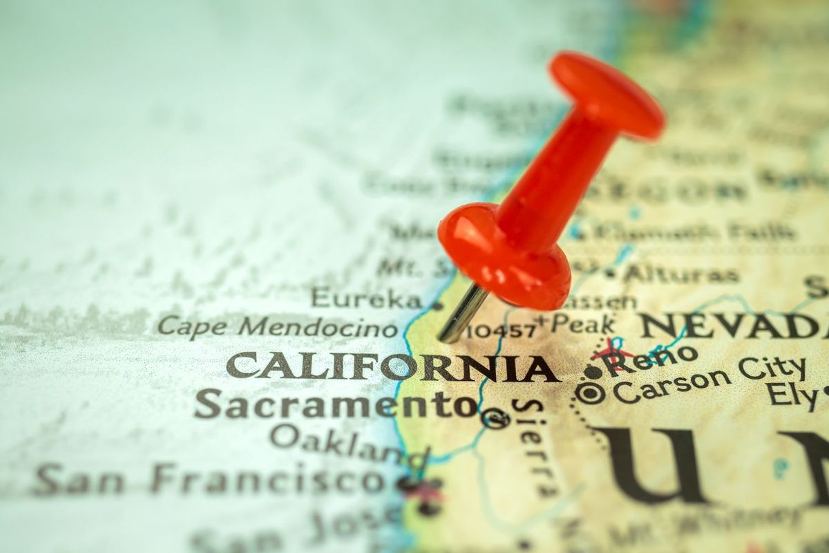 Map of California pinned with red pushpin.