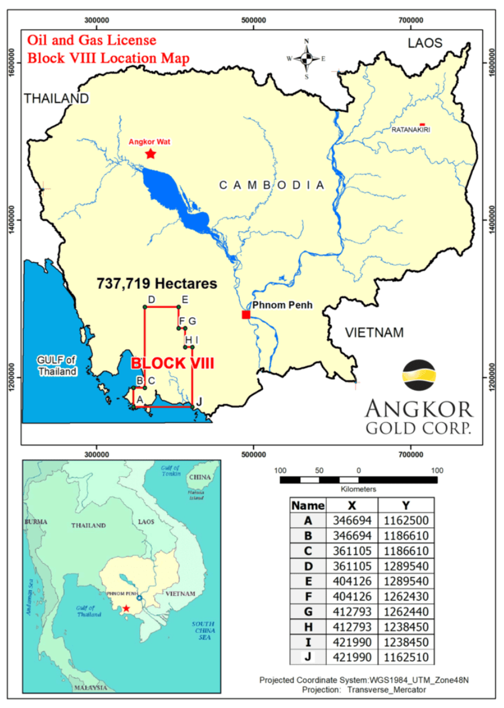 Map of Cambodia highlighting Angkor Resources' "Block VIII" project