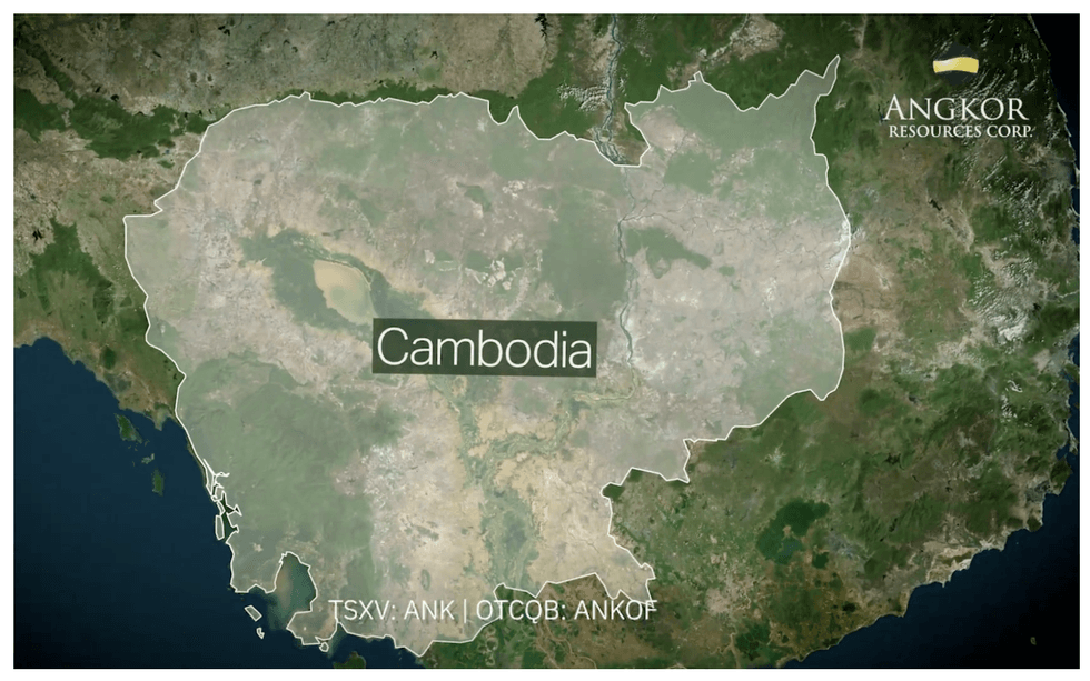 Map of Cambodia over satellite imagery showing Angkor Resources project location