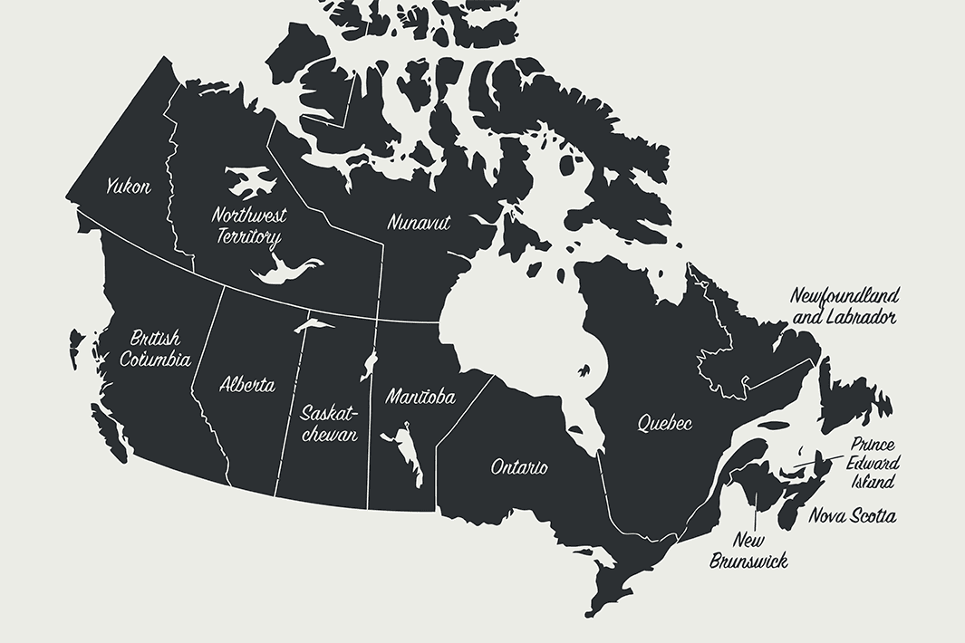 Map of Canada with provinces and territories labeled in cursive text on a grey background.