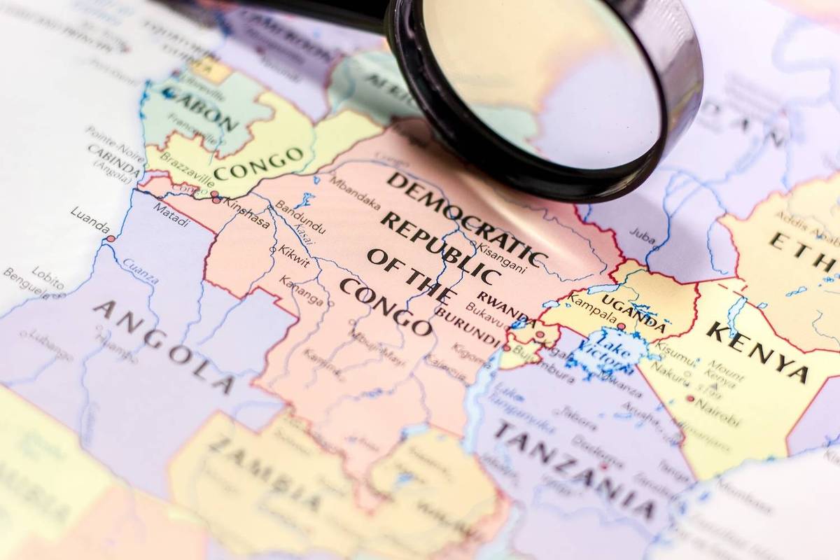 Map of Central Africa, magnifying glass over Democratic Republic of the Congo.