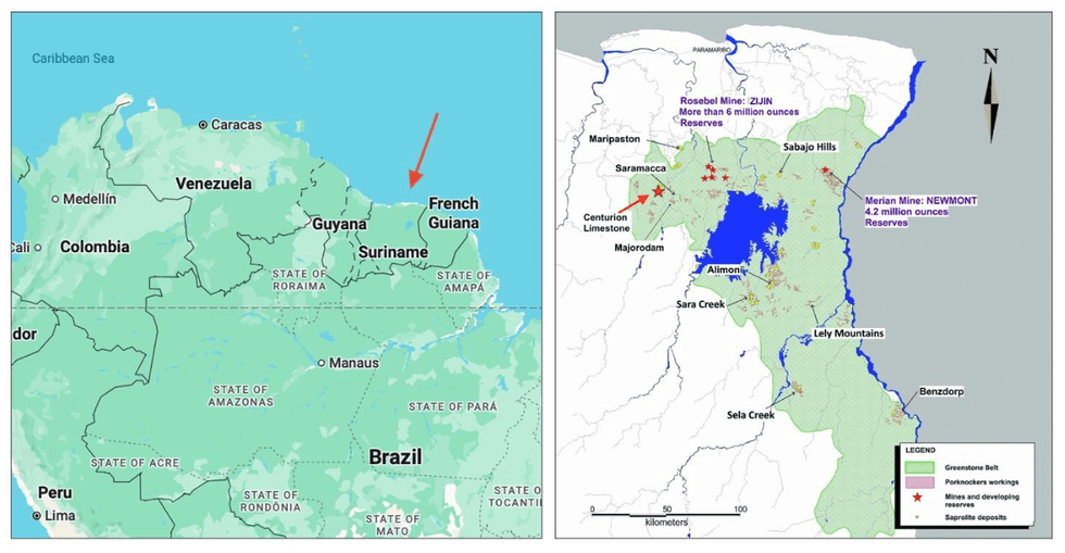 Map of Centurion Minerals' Limestone gold project in Suriname