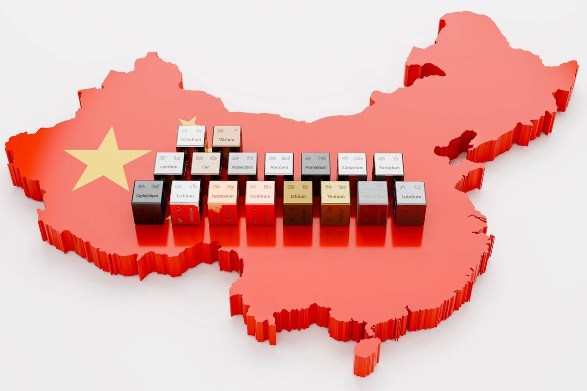 Map of China with rare earth element blocks on top, highlighting China's resources.