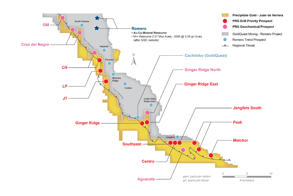 Map of drilling prospects at Precipitate Gold's Juan de Herrera project