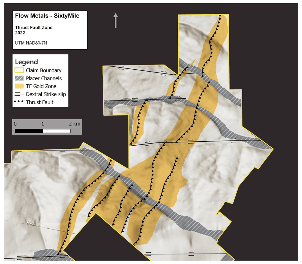 Map of Flow Metals' SixtyMile Thrust Fault Zone with claim boundaries and gold zones marked.