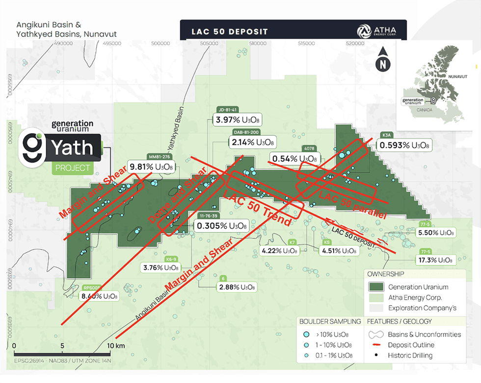 Map of Generatiopn Uranium's Yath Project, Nunavut, showing uranium deposits and geological features.