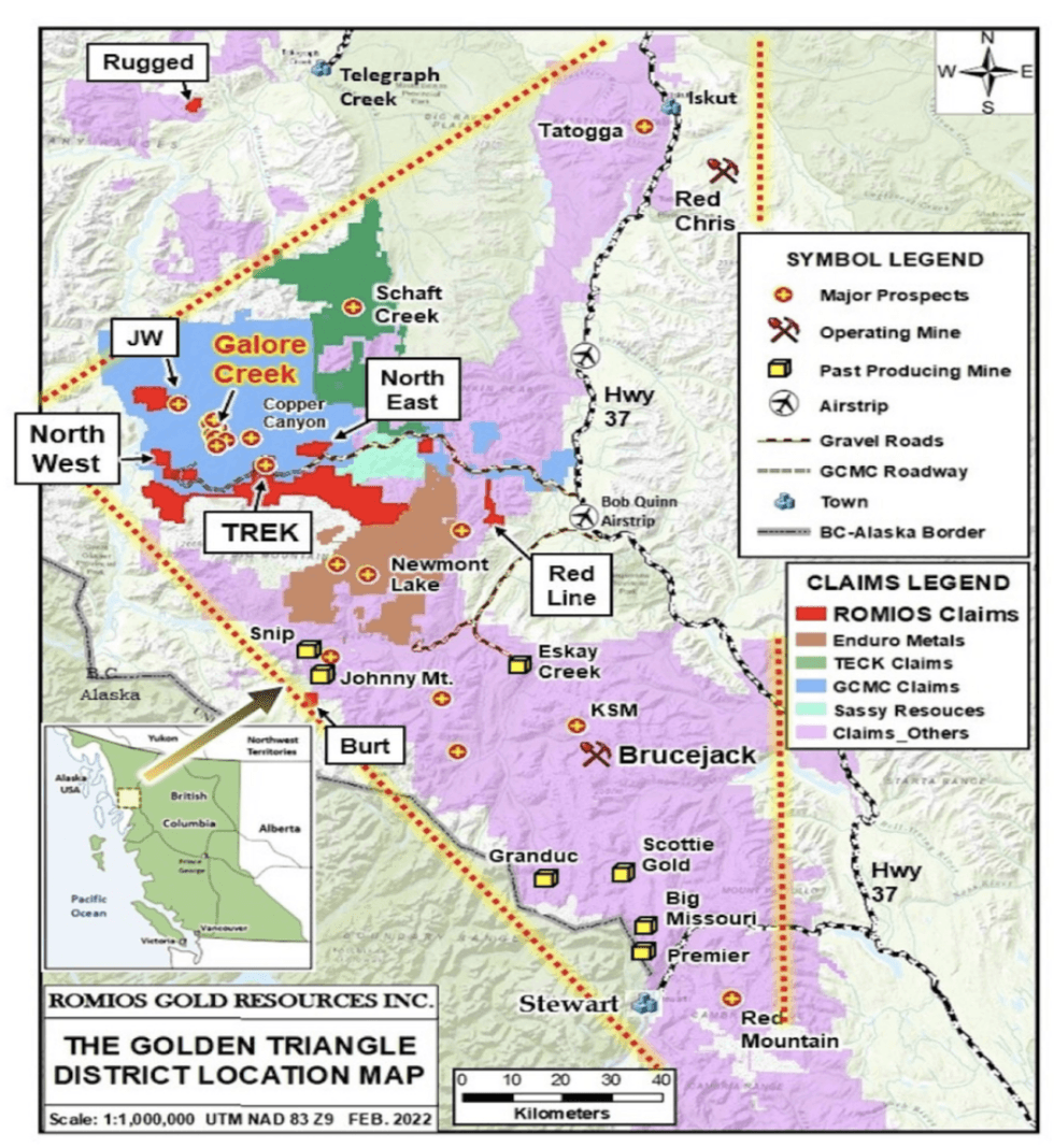 Map of Golden Triangle mining district with Oreterra claims and prospects demarcated.