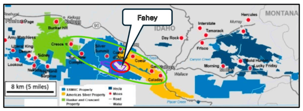 Map of Idaho showing various mining properties including Silver Hammer Mining's Fahey property