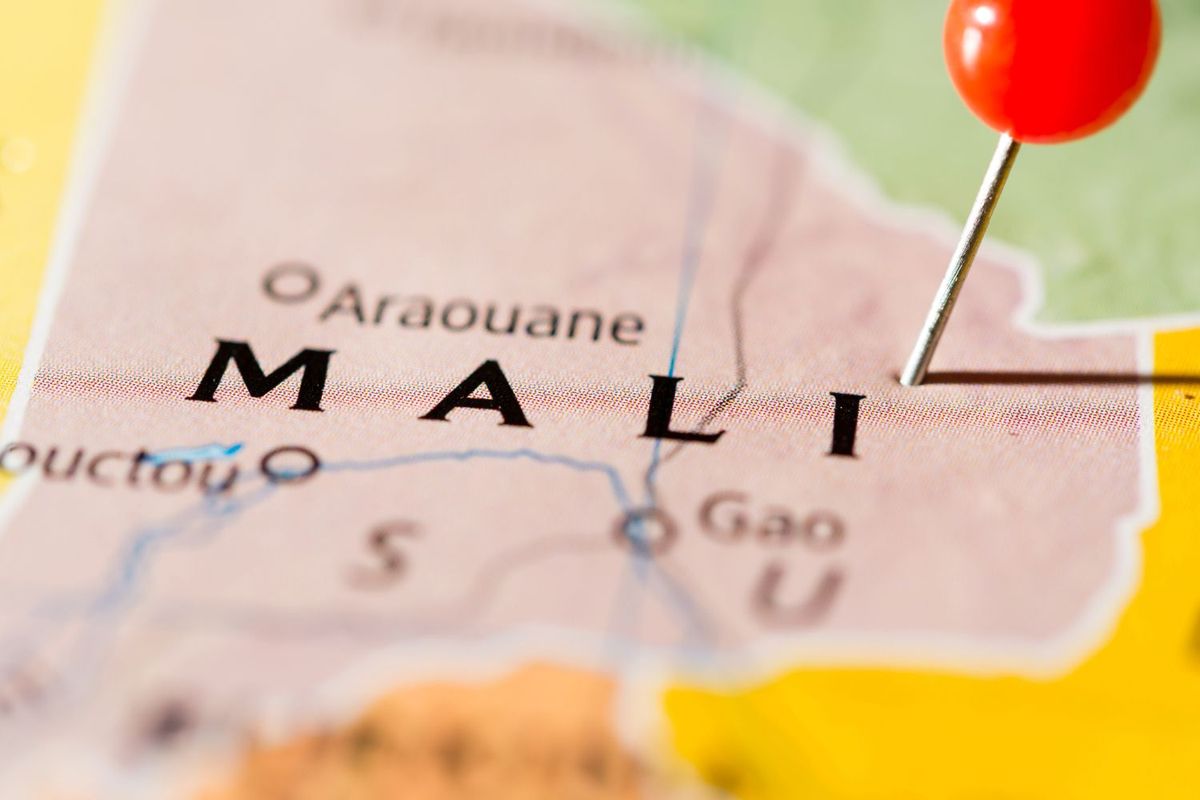 Map of Mali with red pin marking a location.