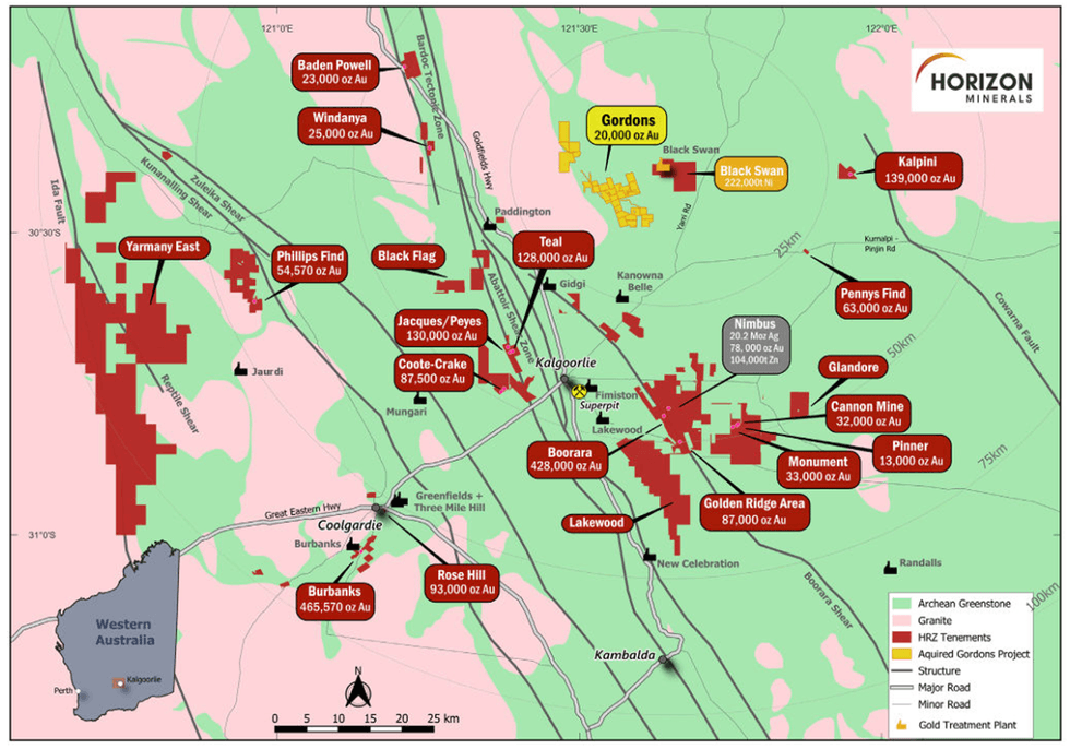 Map of Maritana Minerals' gold projects in Western Australia, marked by red and yellow areas.