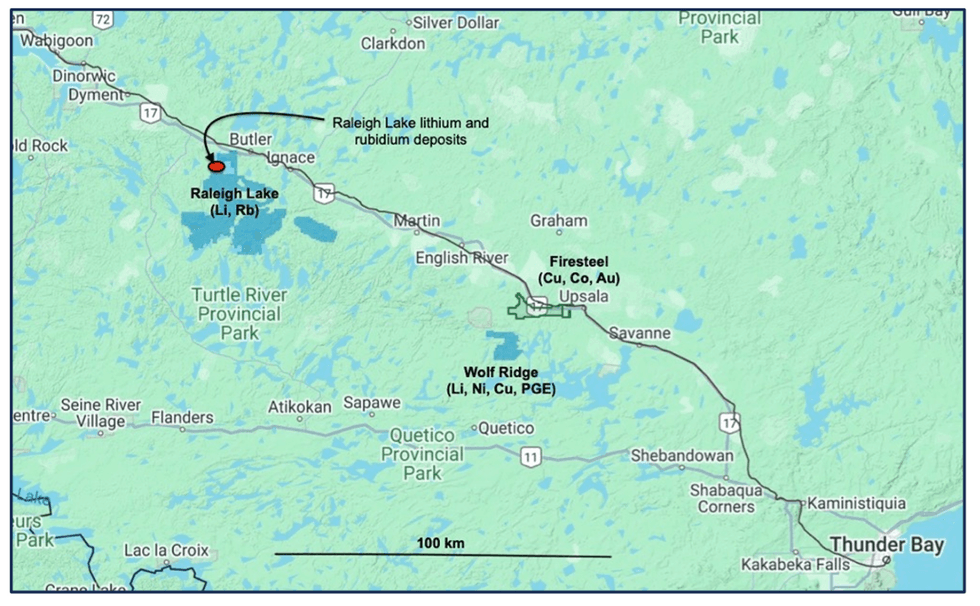 Map of mineral deposits near Thunder Bay, Ontario, highlighting ILC Critical Minerals Raleigh Lake and Wolf Ridge.