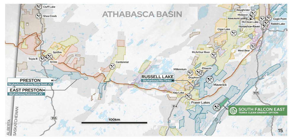 Map of mining projects in the Athabasca Basin, Canada including Terra Clean Energy's South Falcon East project