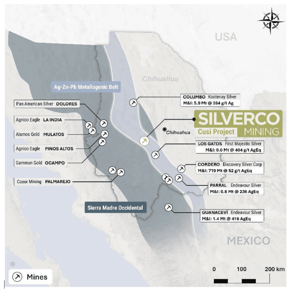 Map of mining sites in Chihuahua, Mexico, showing silver projects and companies including Silverco Mining
