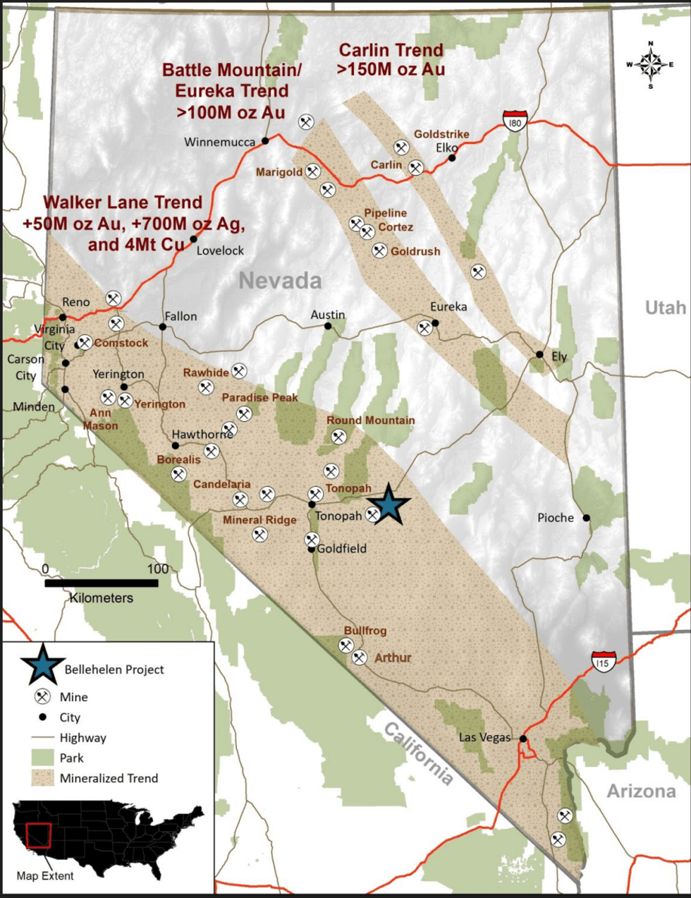 Map of Nevada showing Excalibur Metals' Bellehelen Property location