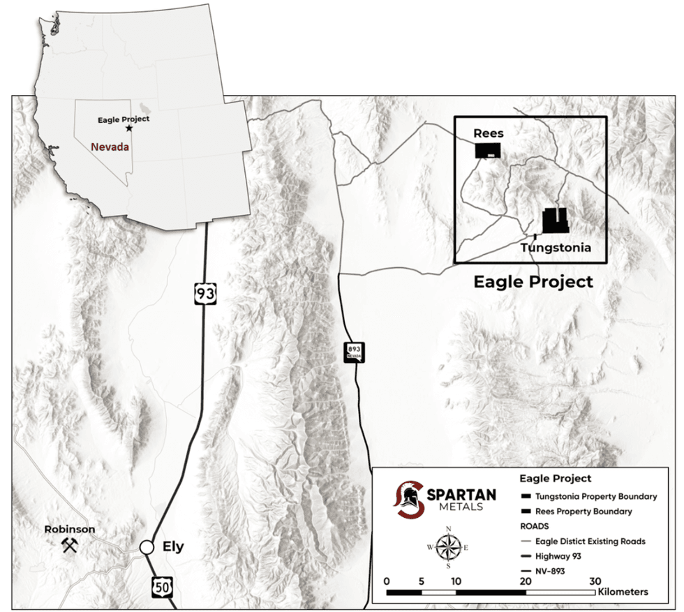 Map of Nevada showing roads and Spartan Metals' Eagle Project location