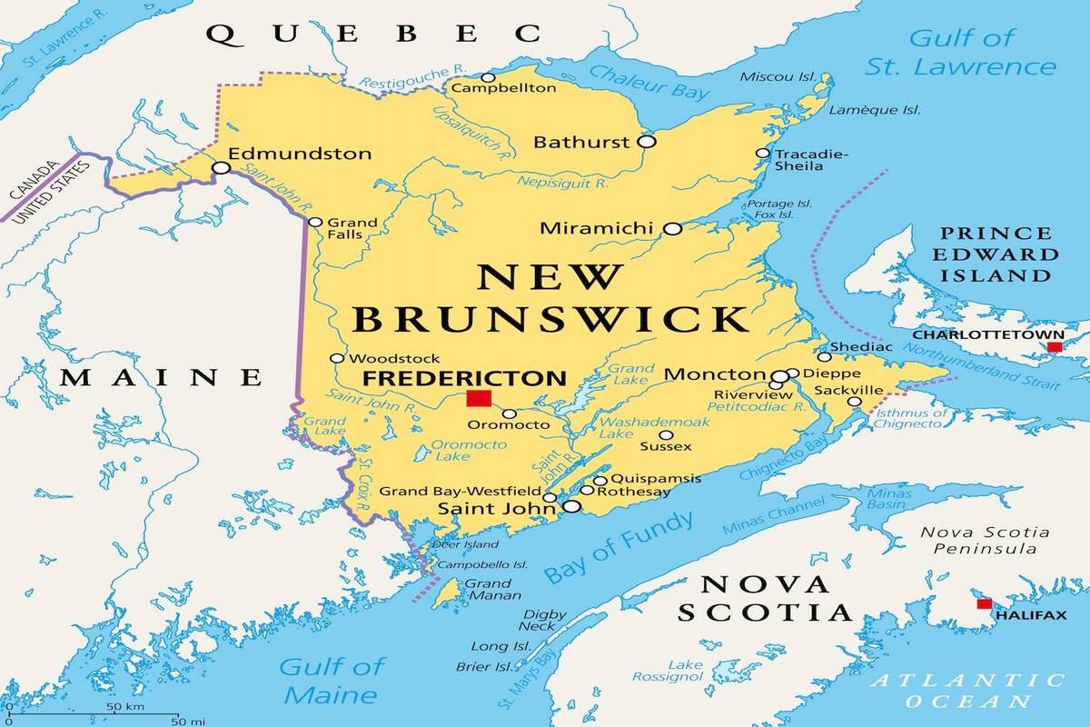 Map of New Brunswick highlighted in yellow, showing major cities and surrounding regions with blue ocean areas.