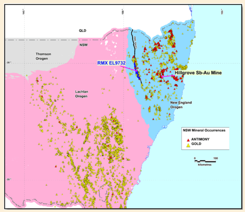 Map of New South Wales mineral occurrences including the Hillgrove project, adjacent to Red MountainMining's Armidale asset